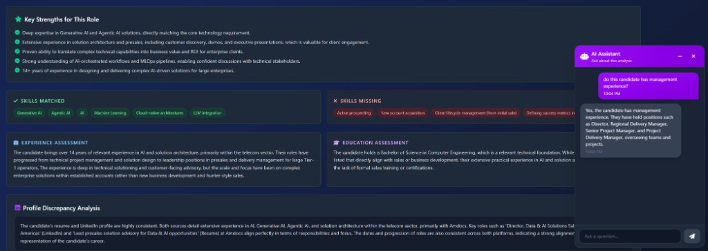 AI assistant answering candidate questions with skills and profile analysis