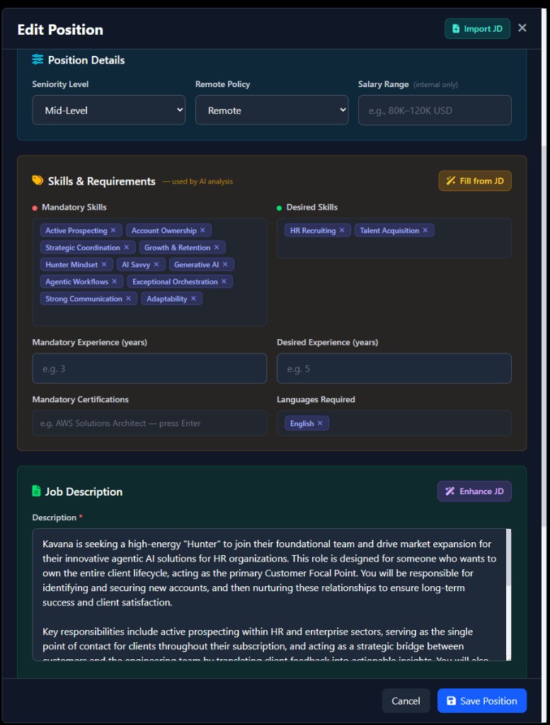 Edit position form with mandatory skills and AI-enhanced job description