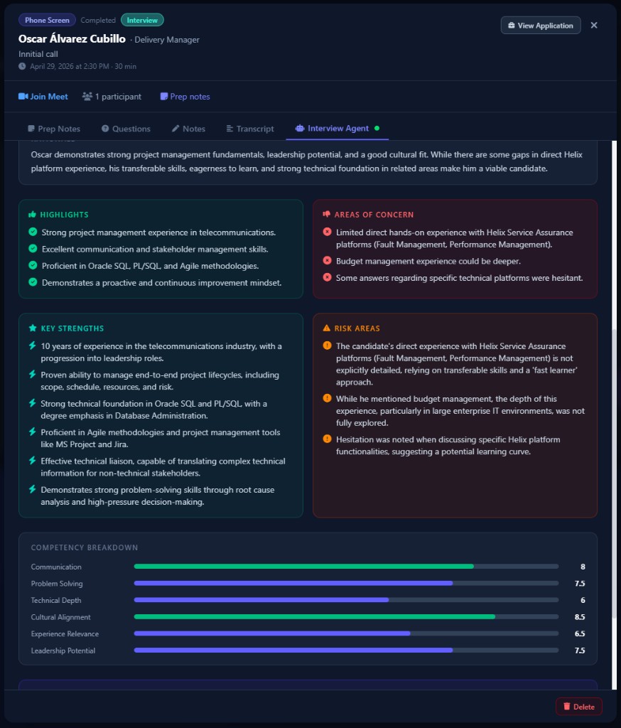 Interview Agent with competency breakdown and AI summary