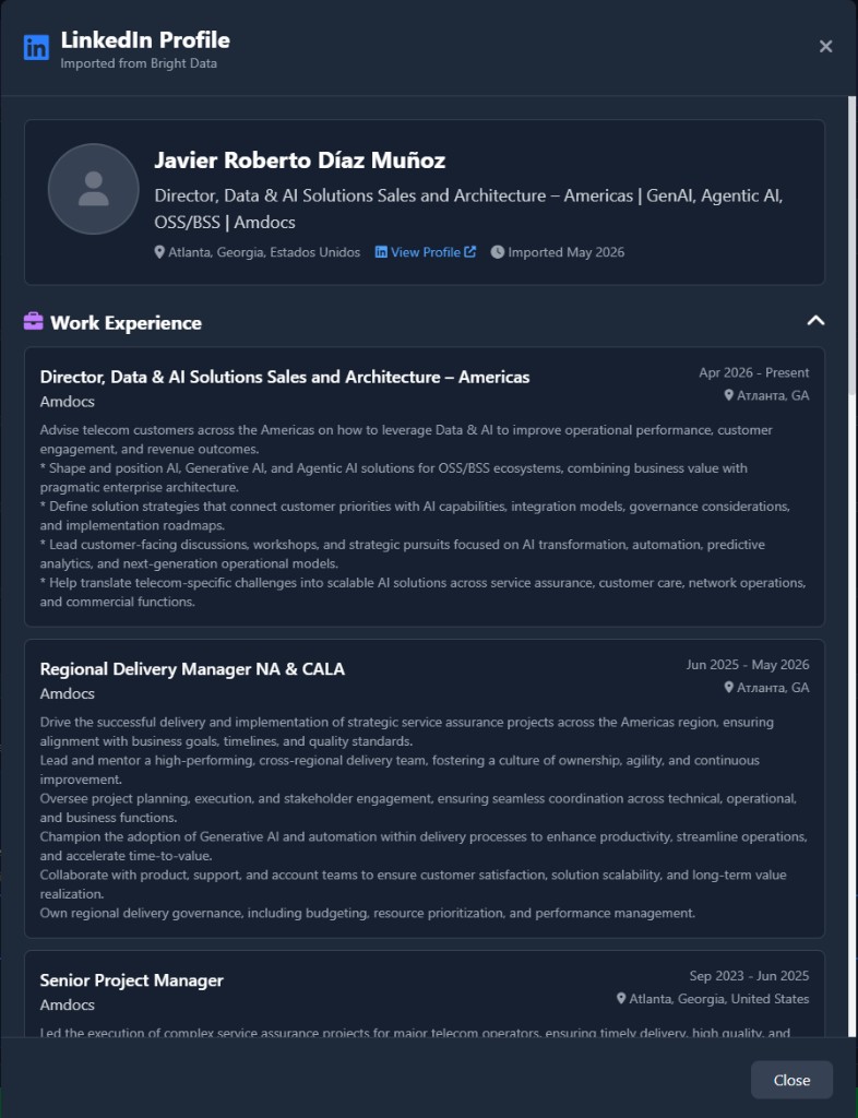 LinkedIn profile enrichment with work experience imported into Kavana Studio