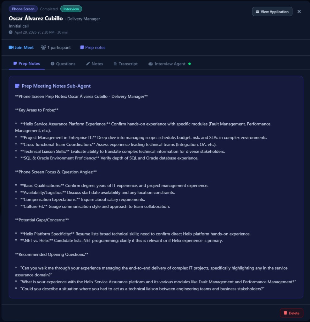 AI-generated interview prep notes with recommended questions